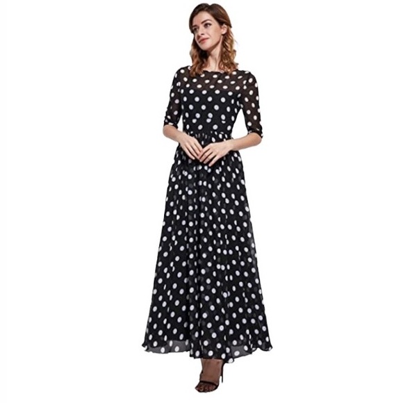 Floryday Women's Chiffon Polka Dot Half Sleeve Maxi Dress - Picture 5 of 16
